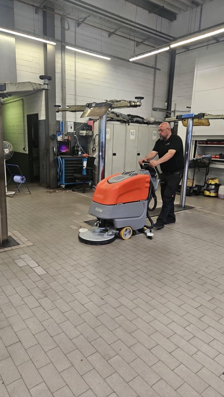 Maschinelle Grundreinigung einer Werkstattfläche